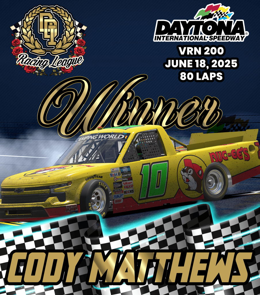 Graphic celebrating the winner of the VRN 200 race at Daytona International Speedway, featuring a yellow truck with the number 10 and sponsor logo, and the name Cody Matthews prominently displayed.